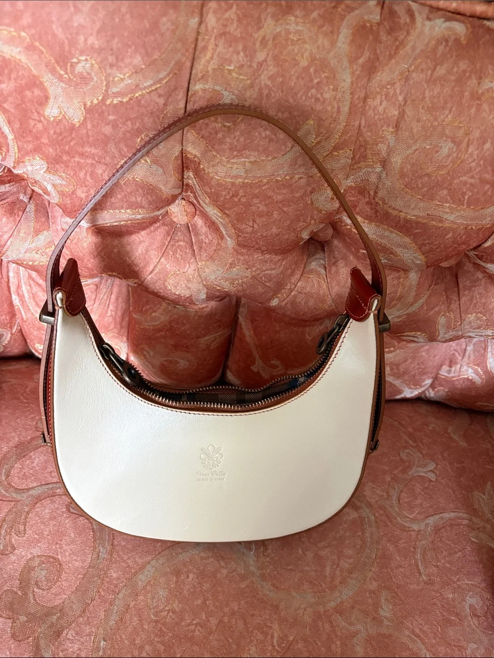 Cream & Tan Genuine Leather Crescent Shoulder with adjustable strap. NNT